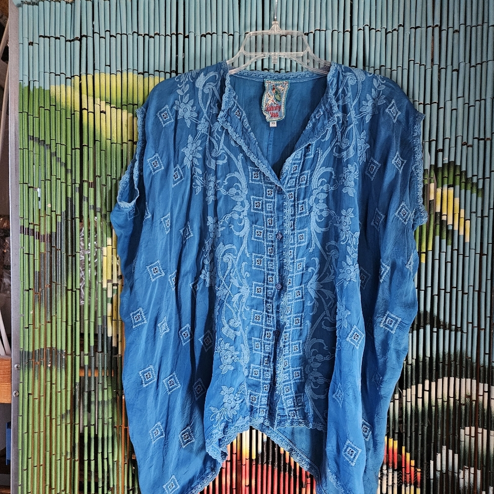 BEAUTIFUL BLUE JOHNNY WAS RAYON BLOUSE